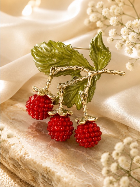 Anthropologie Jewelry - Gold-Tone Leaf Brooch with Green Enamel and Red Berry Clusters